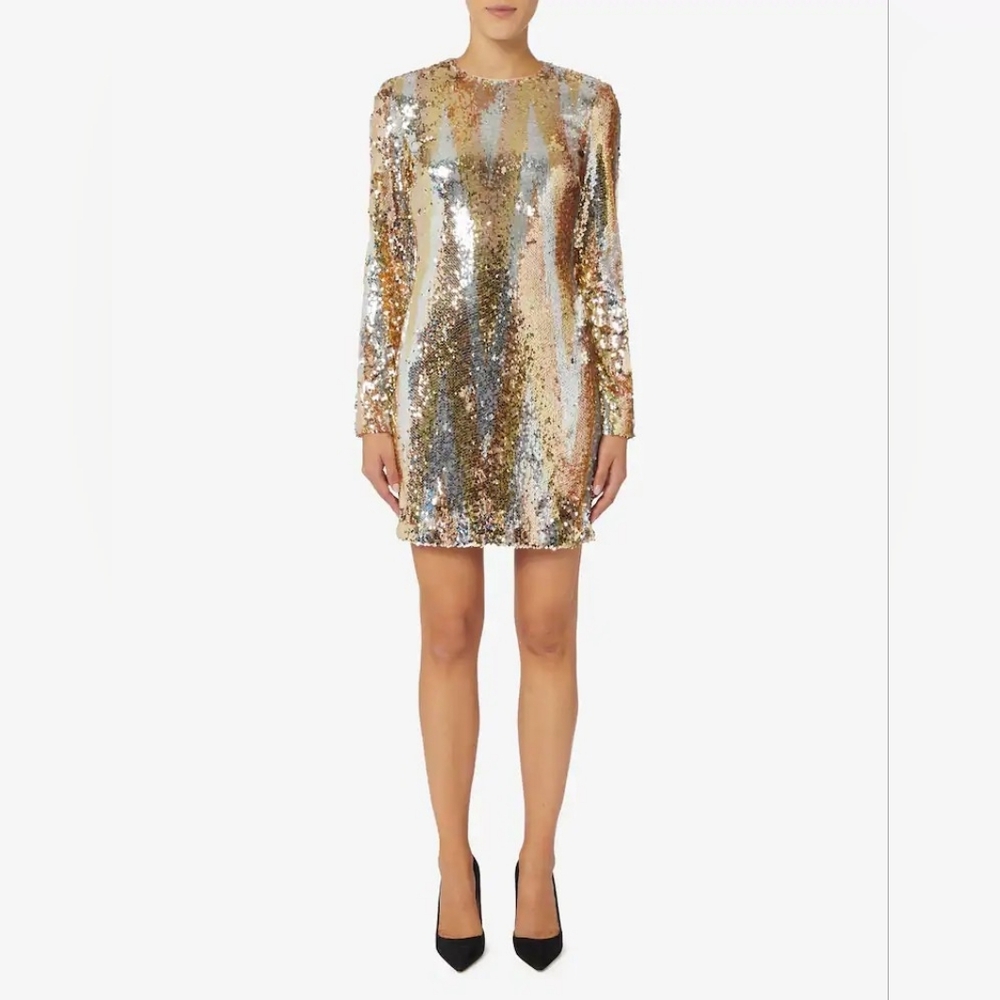 Halston Heritage Metallic Sequin Long Sleeve Mini Dress